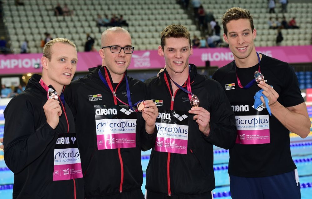 Schwimm-EM London: Glenn Surgeloose, Jasper Aerents, Dieter Dekoninck und Pieter Timmers mit ihren Bronzemedaillen (16.05.2016)