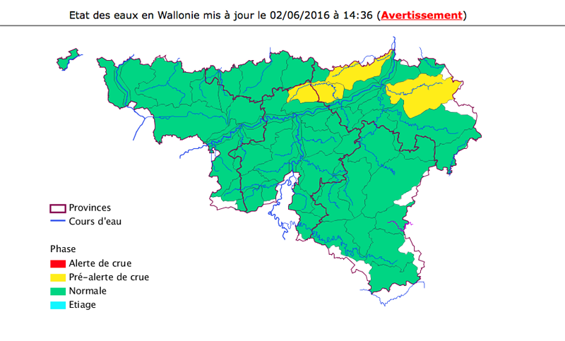 Hochwasserwarnung der Wallonischen Region - Stand 2.6. 14:36 Uhr