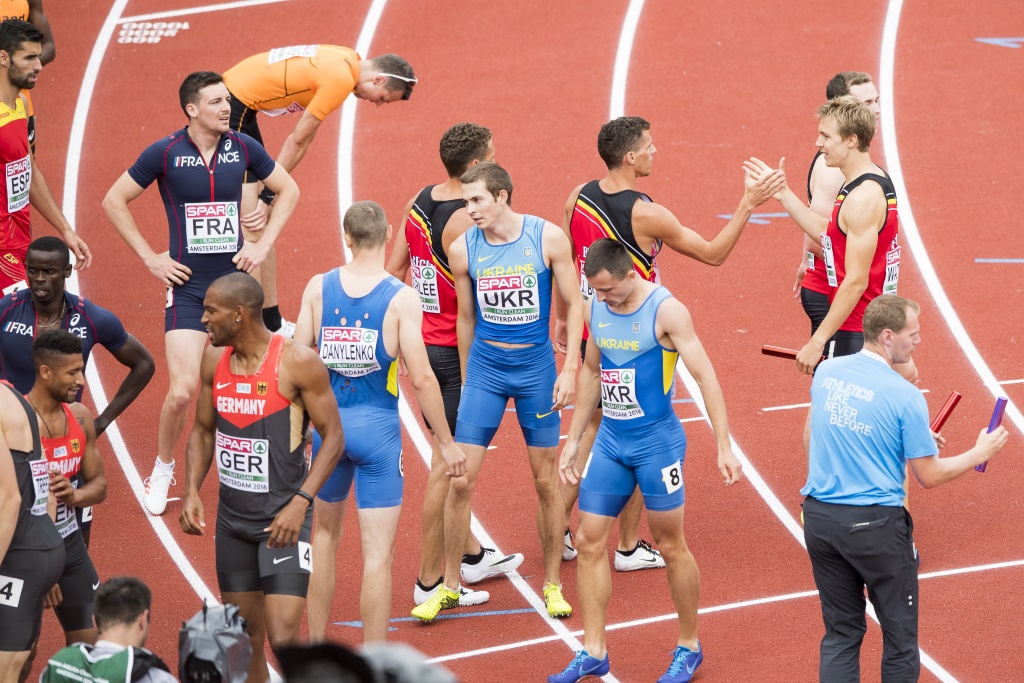 Jonathan Borlée, Dylan Borlée, Julien Watrin und Robin Vanderbemden am 9.7.2016 in Amsterdam