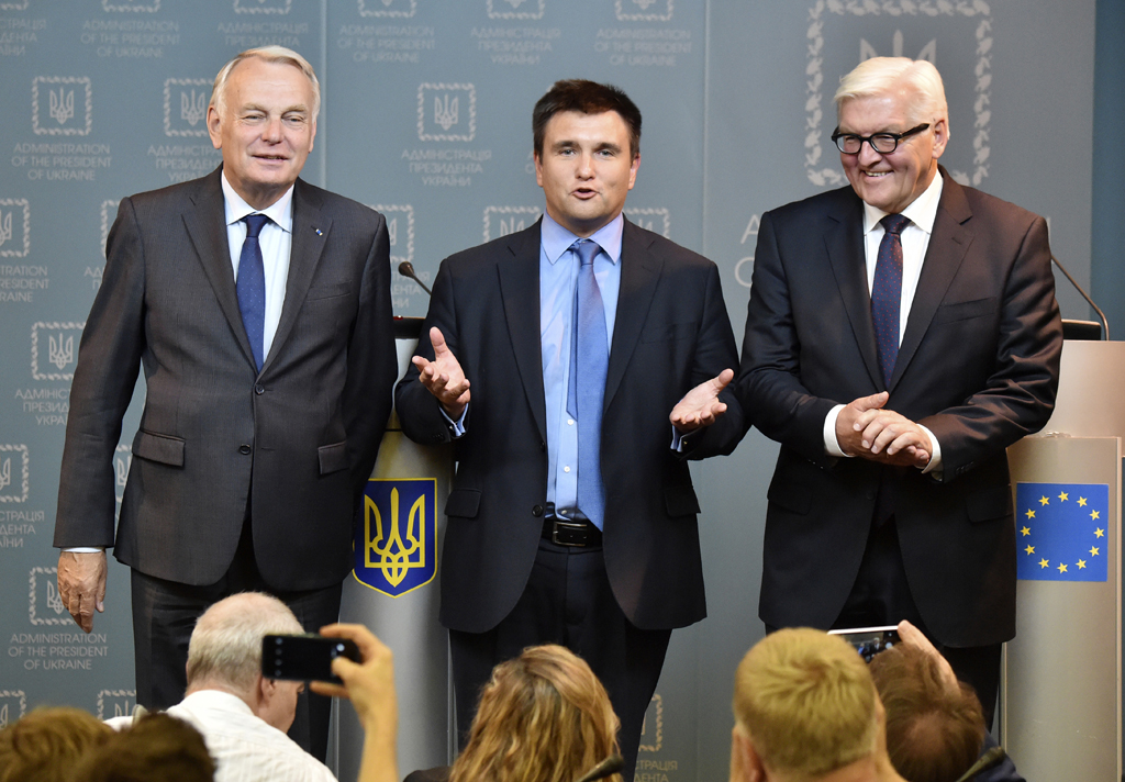 Der französische Außenminister Jean-Marc Ayrault, der ukrainische Außenminister Pavlo Klimkin und der deutsche Außenminister Frank-Walter Steinmeier am Mittwoch in Kiev