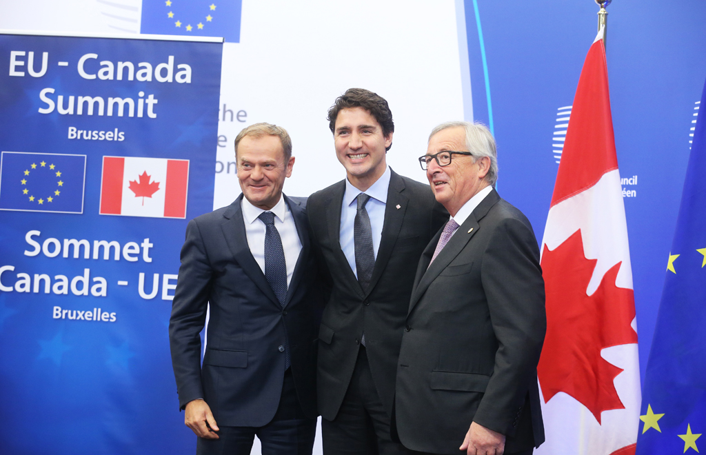 EU-Ratspräsident Donald Tusk, Kanadas Premier Justin Trudeau und EU-Kommissionspräsident Jean-Claude Juncker in Brüssel