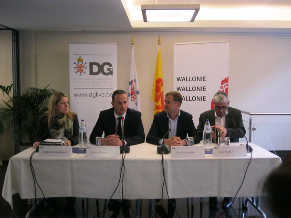 Pressekonferenz mit Isabelle Weykmans, Oliver Paasch, Paul Magnette und Paul Furlan am Donnerstag in Eupen