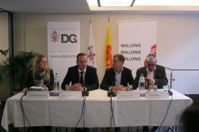 Pressekonferenz mit Isabelle Weykmans, Oliver Paasch, Paul Magnette und Paul Furlan am Donnerstag in Eupen