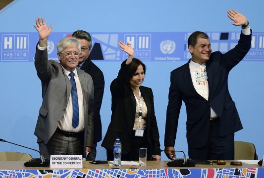 (L-R) The Secretary General of the United Nations' Habitat III Conference on Housing and Sustainable Urban Development, Joan Clos, Ecuador's Housing and Urban Development Secretary Maria de los Angeles Duarte and Ecuador's President Rafael Correa are pictured during the closing ceremony of the Habitat III Conference, at the Culture Palace in Quito, on October 20, 2016. The United Nations adopted a "New Urban Agenda" at the close of Habitat III, a conference on housing and sustainable urban development that follows up on previous world gatherings in 1976 and 1996. / AFP PHOTO / Juan CEVALLOS