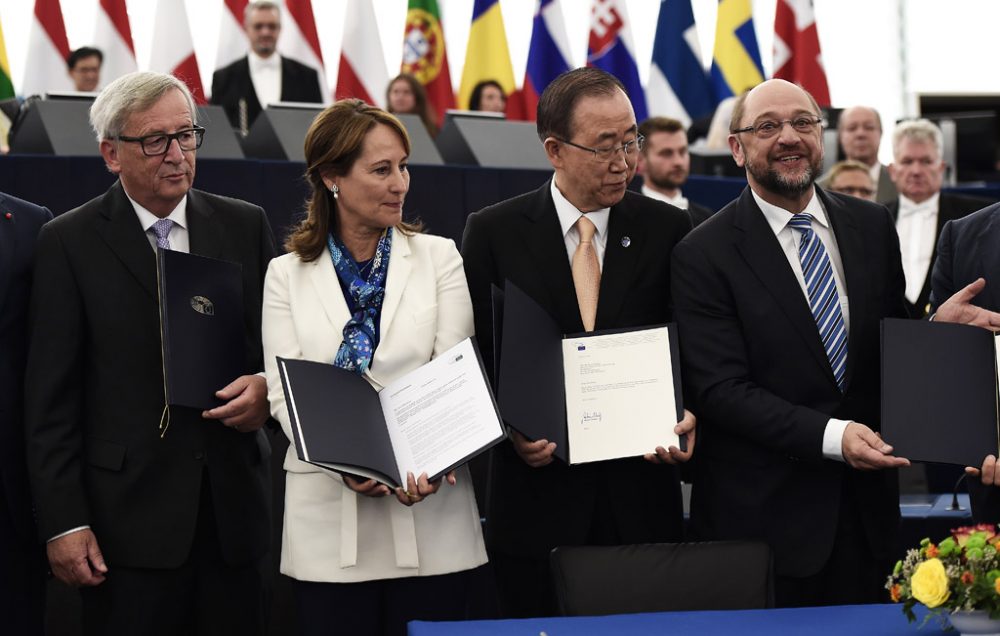 Im Europaparlament im Straßburg: Jean-Claude Juncker, Ségolène Royal, Ban Ki Moon und Martin Schulz