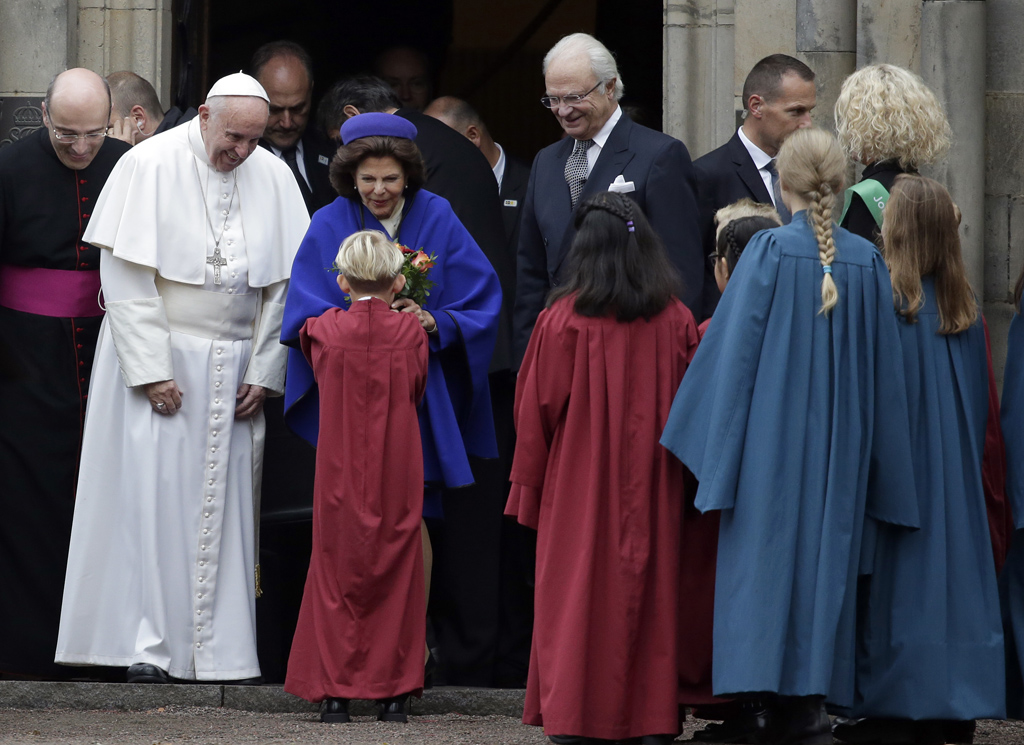 Papst Franziskus, Königin Silvia und König Carl Gustaf von Schweden in Lund