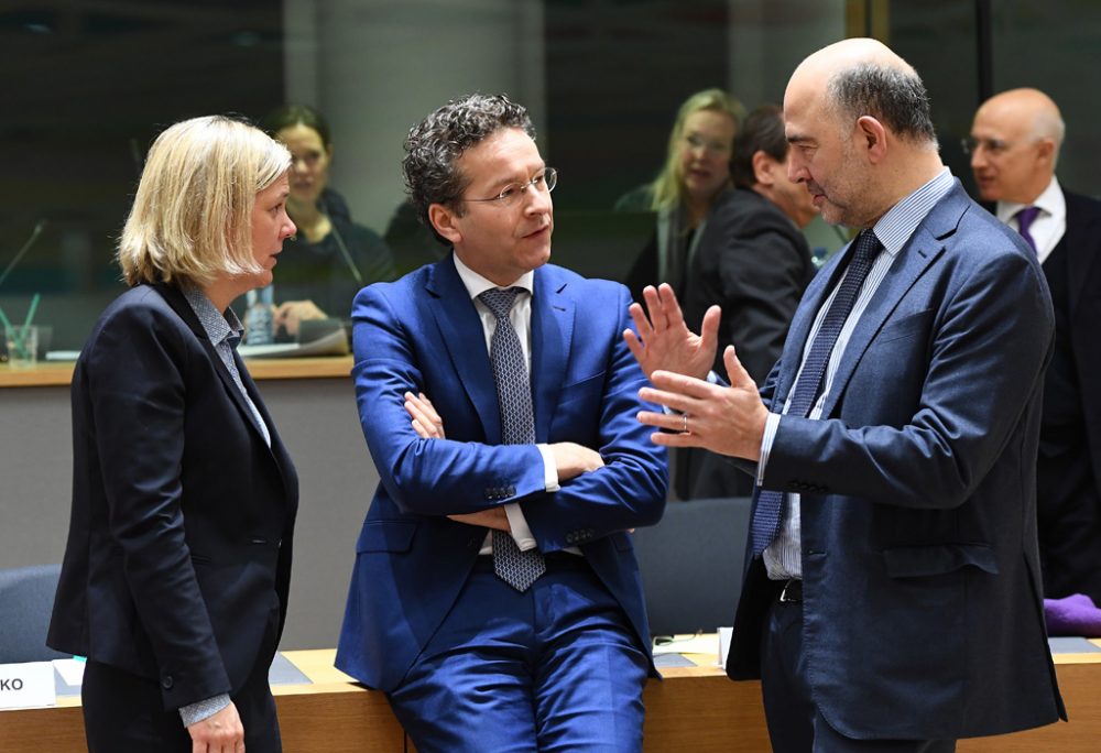 Die schwedische Finanzministerin Magdalena Andersson, der Eurogruppen-Chef und niederländische Finanzminister Jeroen Dijsselbloem und EU-Kommissar Pierre Moscovici am Dienstag in Brüssel