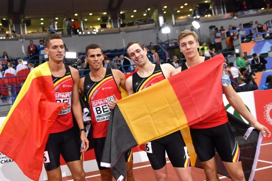 v.l.n.r.: Dylan Borlée, Kevin Borlée, Robin Vanderbemden und Julien Watrin