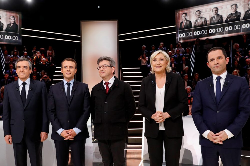 Die Kandidaten vor ihrer wortreichen Fernsehschlacht (vlnr): François Fillon, Emmanuel Macron, Jean-Luc Melenchon, Marine Le Pen und Benoit Hamon