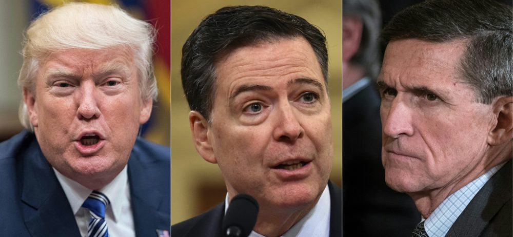 James Comey (Mitte), Michael Flynn (r.) und Präsident Trump (l.)