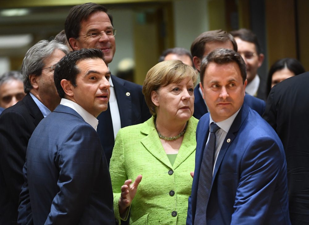 V.l.n.r.: Der griechische Premier Alexis Tsipras, der niederländische Premier Mark Rutte, Bundeskanzlerin Angela Merkel und der luxemburgische Premier Xavier Bettel