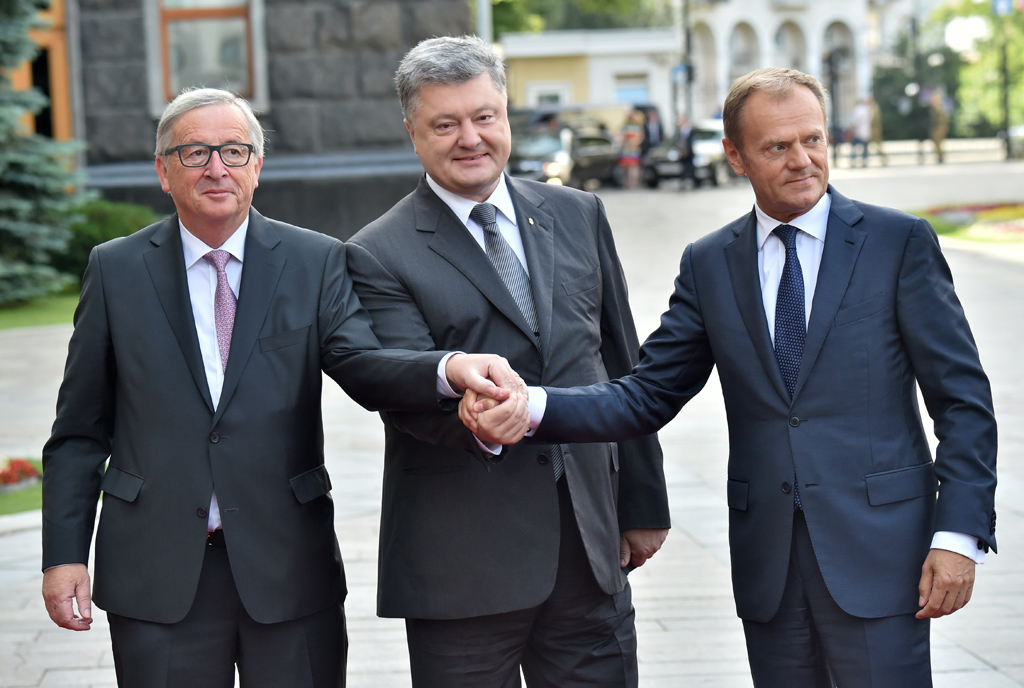 Jean-Claude Juncker, Petro Poroschenko und Donald Tusk in Kiew (13.7.2017)