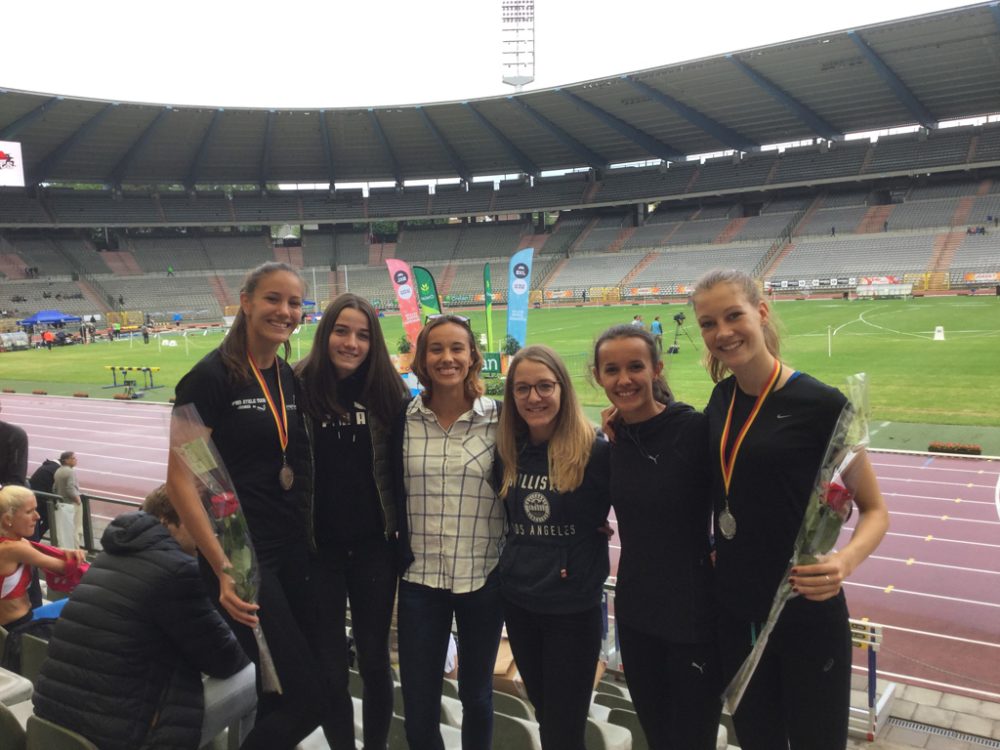 Athleten vom LAC Eupen bei der belgischen Meisterschaft im König-Baudouin-Stadion in Brüssel: Marie Fickers, Lorena Röhl, Lisa Fickers, Alicia Röhl, Elène Fickers und Elea Henrard (v.l.n.r.)