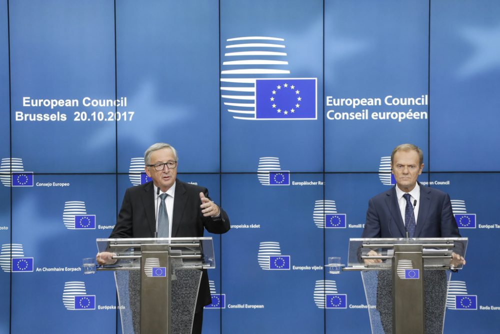 EU-Ratspräsident Donald Tusk und EU-Kommissionspräsident Jean-Claude Juncker am Freitag auf der abschließenden Pressekonferenz zum EU-Gipfel in Brüssel