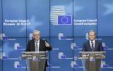 EU-Ratspräsident Donald Tusk und EU-Kommissionspräsident Jean-Claude Juncker am Freitag auf der abschließenden Pressekonferenz zum EU-Gipfel in Brüssel
