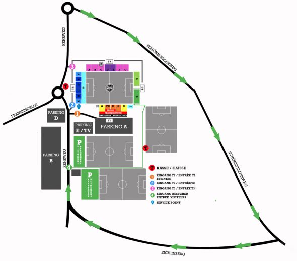 Stadionplan der AS Eupen: Anfahrt der Gegner