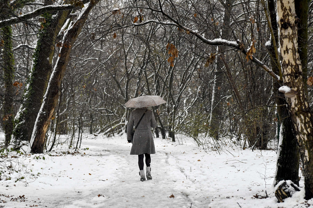 Frau mit Regenschirm im verschneiten Park