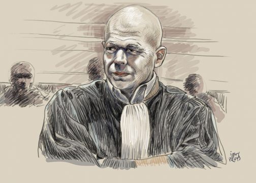 Sven Mary, Rechtsanwalt von Salah Abdeslam, am zweiten Prozesstag in Brüssel (Zeichnung: Igor Preys/Belga)
