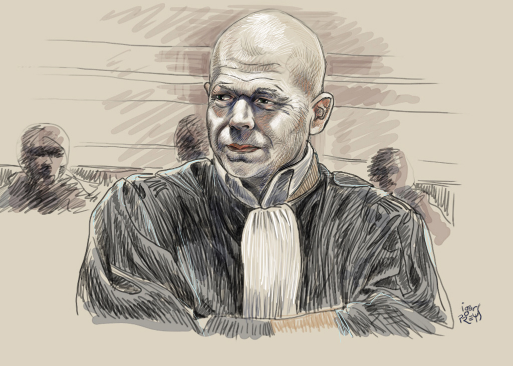 Sven Mary, Rechtsanwalt von Salah Abdeslam, am zweiten Prozesstag in Brüssel (Zeichnung: Igor Preys/Belga)
