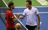 Davis Cup: Ruben Bemelmans und Marton Fucsovics am 2.2.218 in Lüttich (Bild: Eric Lalmand/BELGA)