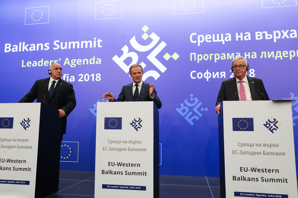 Donald Tusk, Jean-Claude Juncker und der bulgarische Premierminister Bojko Borisow am 17.5.2018 in Sofia