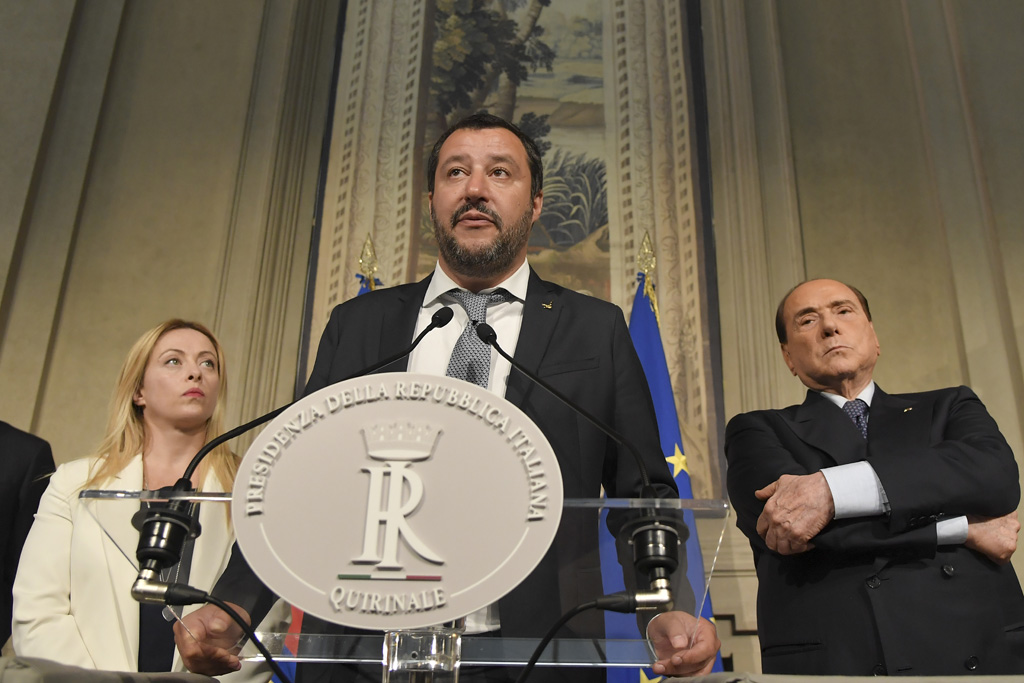 Der Chef der rechtspopulistischen Lega, Matteo Salvini (M.), am 7.5.2018 in Rom