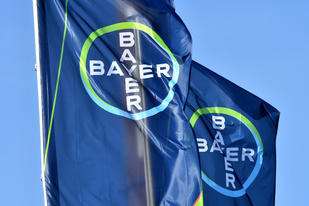 Flaggen des deutschen Chemie-Riesen Bayer am 28.2.2018 in Leverkusen