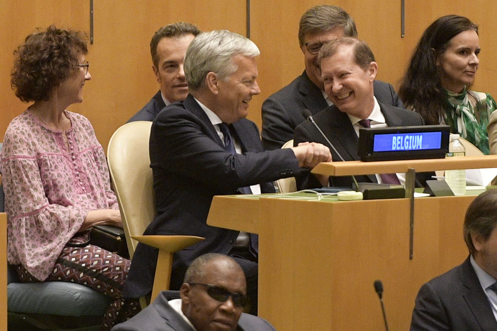 Didier Reynders und Marc Pecsteen, Vertreter Belgiens bei den Vereinten Nationen, am 8.6.2018 in New York