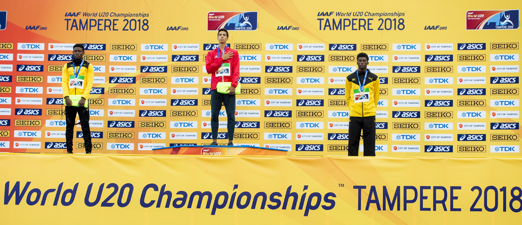 U-20-Leichtathletik-WM: Taylor Christoper (Silber), Jonathan Sacoor (Gold) und Sawyers Chantz (Bronze) am 13.7.2018 in Tampere