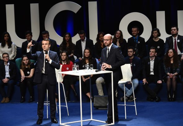 Macron und Michel in der Universität von Neu-Löwen (Bild: Benoit Doppagne/Belga)