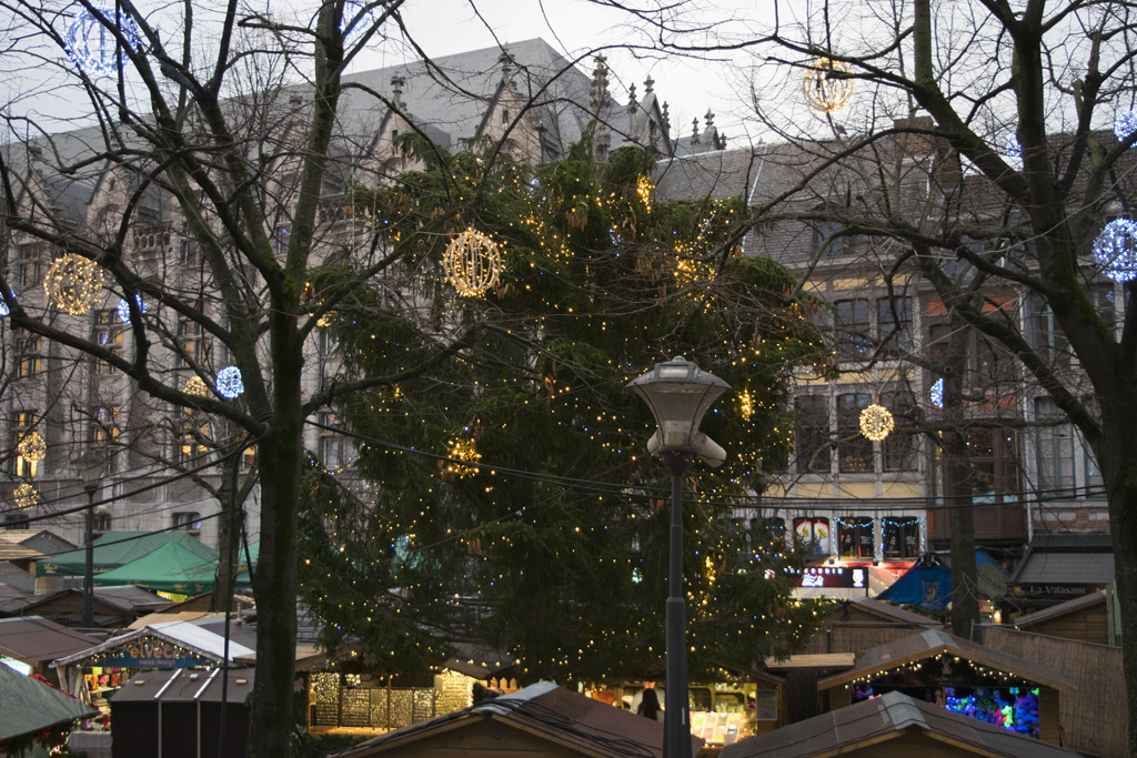 Der geköpfte Tannenbaum auf dem Lütticher Weihnachtsmarkt