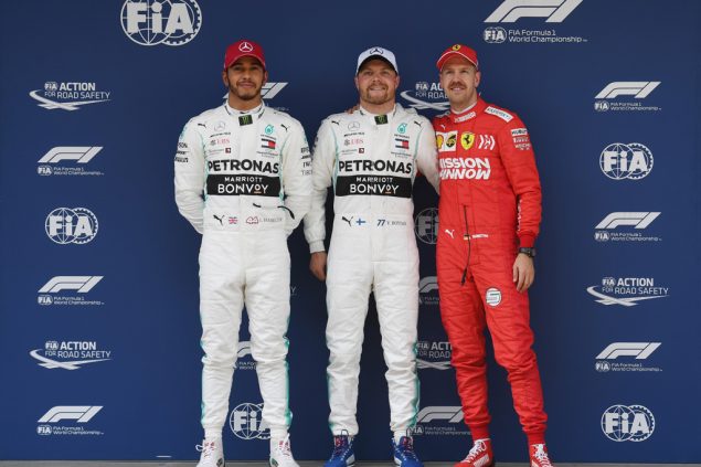 Lewis Hamilton, Valtteri Bottas und Sebastian Vettel (Bild: Greg Baker/AFP)