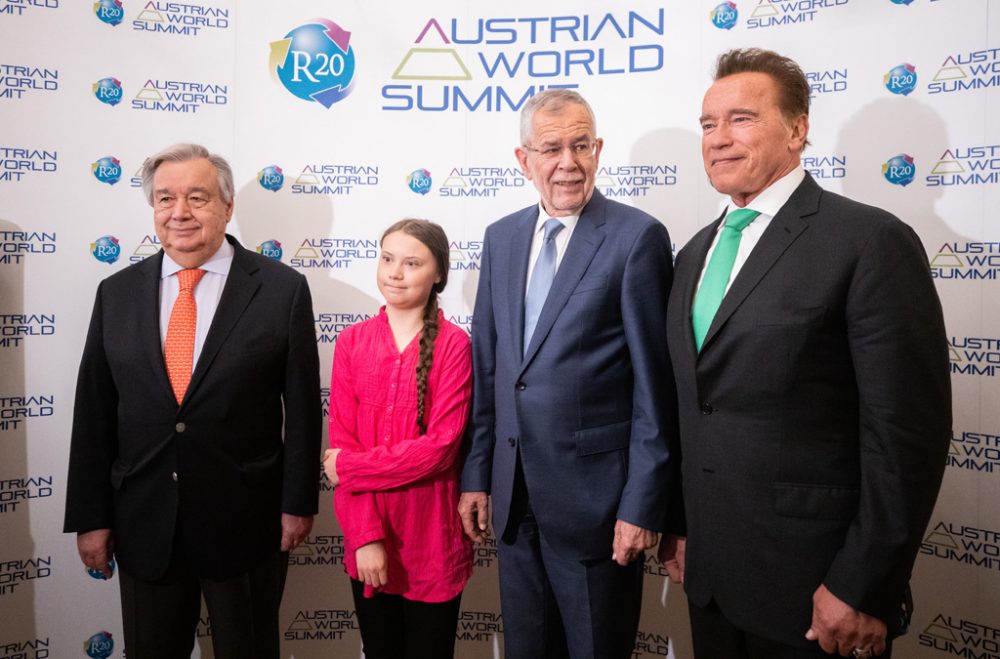 Antonio Guterres, Greta Thunberg, Alexander Van der Bellen und Arnold Schwarzenegger (Bild: Georg Hochmuth/AFP)