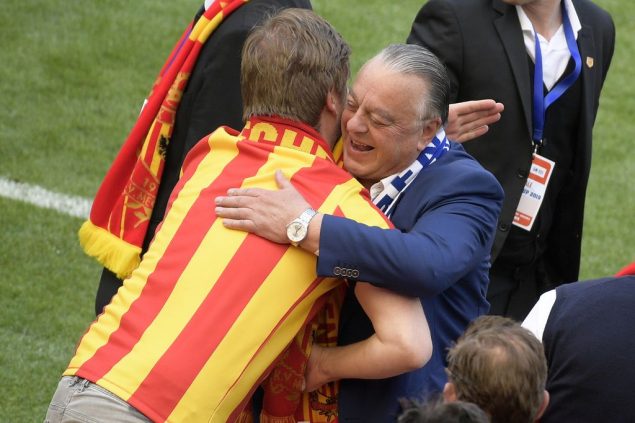 Mechelen's chairman Johan Timmermans celebrates after winning a soccer game between KAA Gent and KV Mechelen, the final of the Croky Cup competition, Wednesday 01 May 2019 in Brussels. BELGA PHOTO YORICK JANSENS