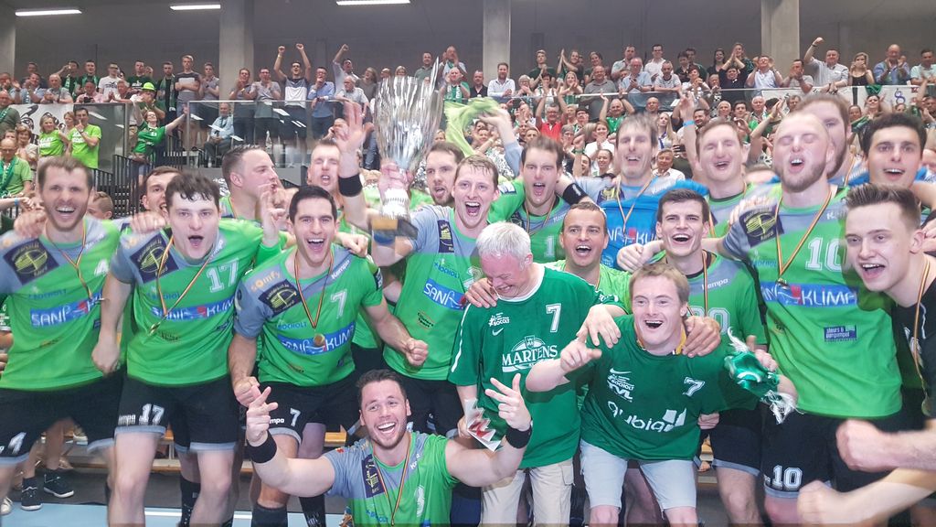 This handout picture, distributed by the Handball Union shows Achilles Bocholt team celebrating after winning the Belgian handball competition, Saturday 01 June 2019 in Bocholt. BELGA PHOTO HANDOUT SEPPE DUPAIN