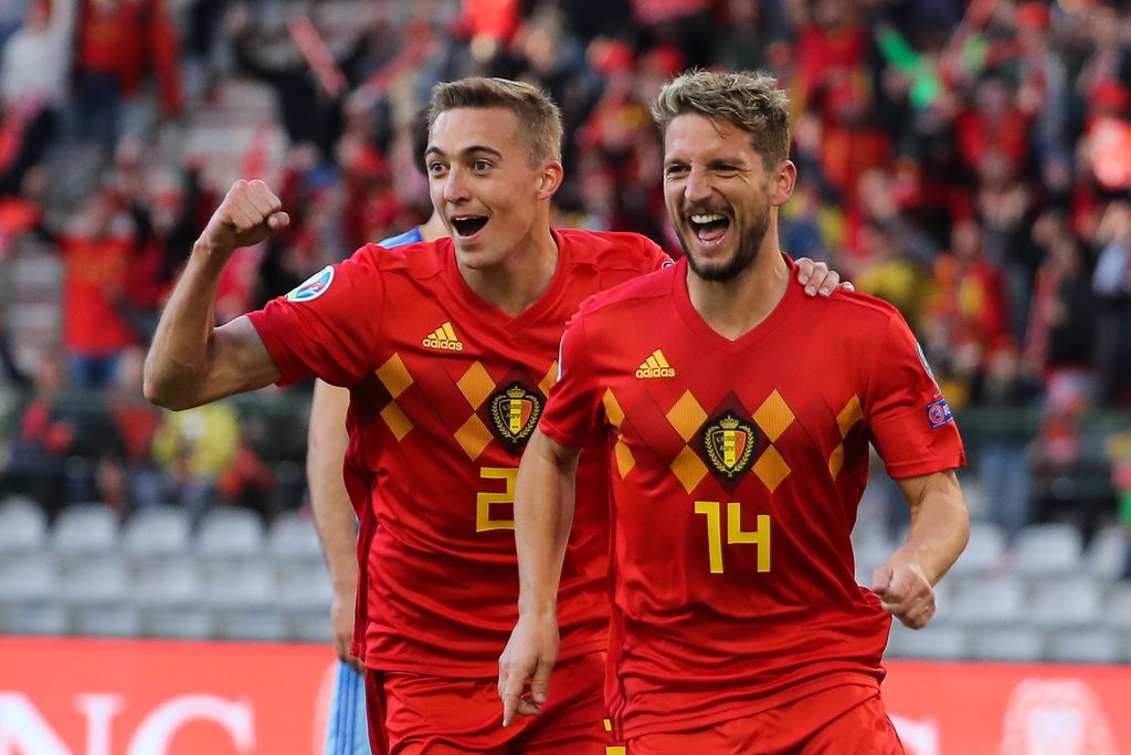 Belgium's Dries Mertens celebrates with Belgium's Timothy Castagne (L) after scoring during a soccer game between Belgian national team the Red Devils and the Republic of Kazakhstan, Saturday 08 June 2019 in Brussels, an UEFA Euro 2020 qualification game. BELGA PHOTO BRUNO FAHY