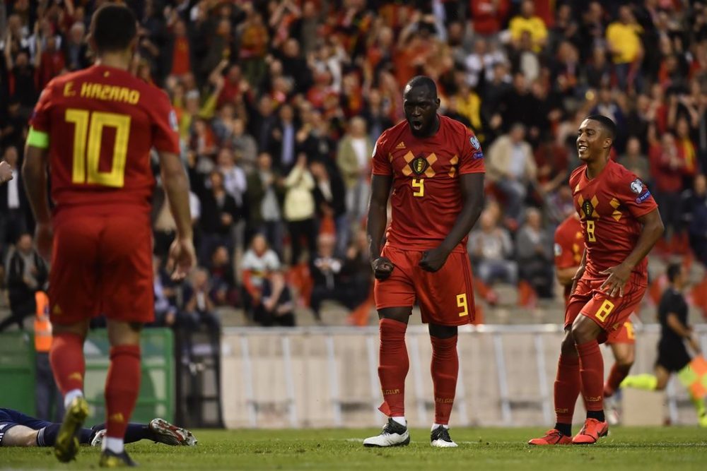 Belgium's Romelu Lukaku celebrates after scoring during a soccer game between Belgian national team the Red Devils and Scotland, Tuesday 11 June 2019 in Brussels, an UEFA Euro 2020 qualification game. BELGA PHOTO DIRK WAEM