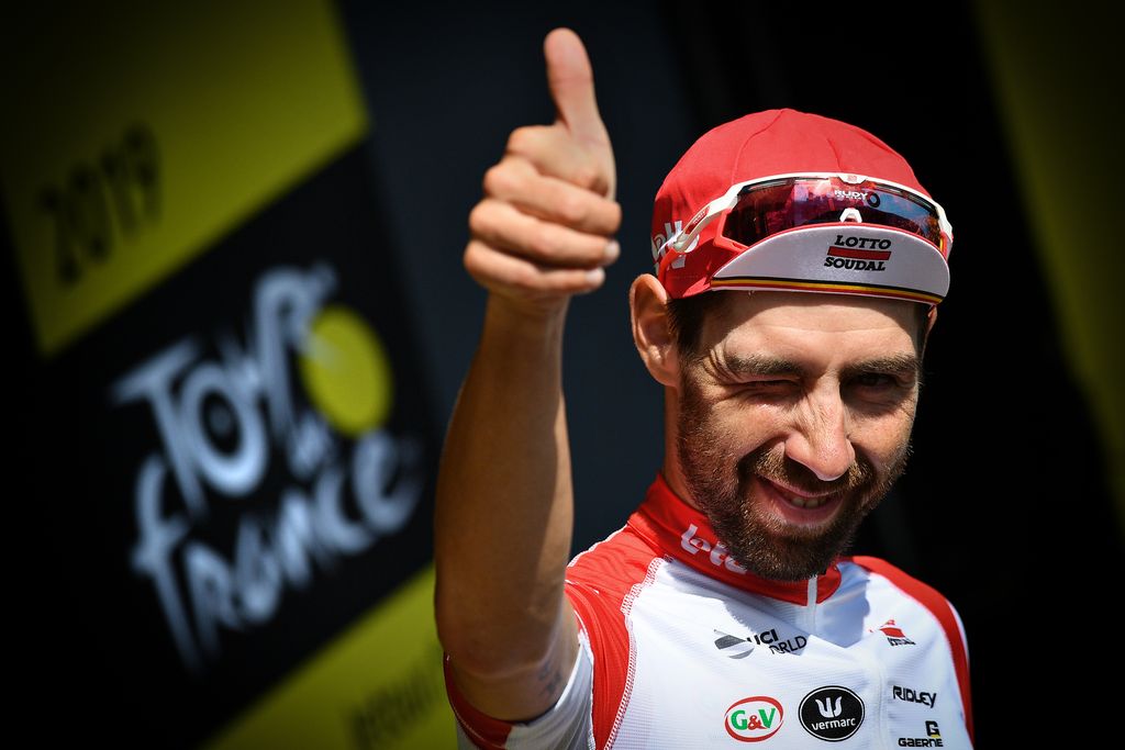 Belgian Thomas De Gendt of Lotto Soudal celebrates on the podium with champagne after winning the eighth stage of the 106th edition of the Tour de France cycling race, from Macon to Saint-Etienne (200 km), Saturday 13 July 2019 in France. This year's Tour de France starts in Brussels and takes place from July 6th to July 28th. BELGA PHOTO DAVID STOCKMAN