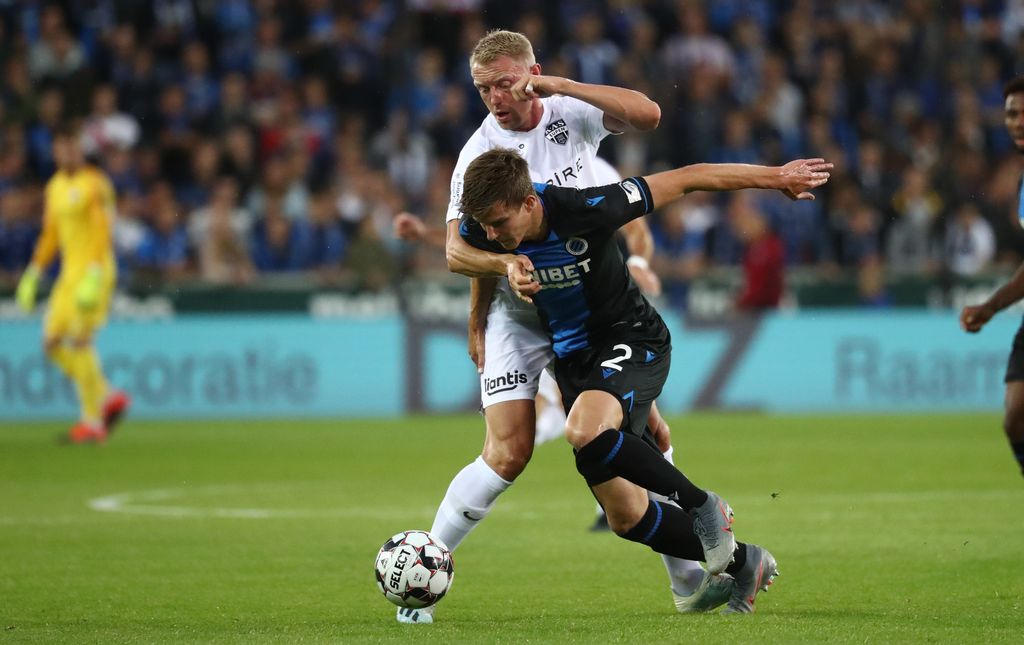 Club's Eduard Sobol and Eupen's Andreas Beck fight for the ball during a soccer match between Club Brugge KV and KAS Eupen, Friday 16 August 2019 in Brugge, on the third day of the 'Jupiler Pro League' Belgian soccer championship season 2019-2020. BELGA PHOTO VIRGINIE LEFOUR