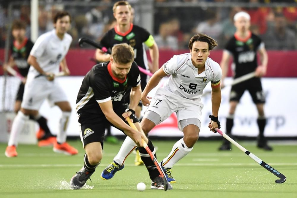 Germany's Martin Haner and Belgium's captain Thomas Briels pictured during a hockey game between Belgian national team The Red Lions and Germany, a semi finals game at the 'EuroHockey' European Championships, Thursday 22 August 2019 in Wilrijk, Antwerp. BELGA PHOTO DIRK WAEM