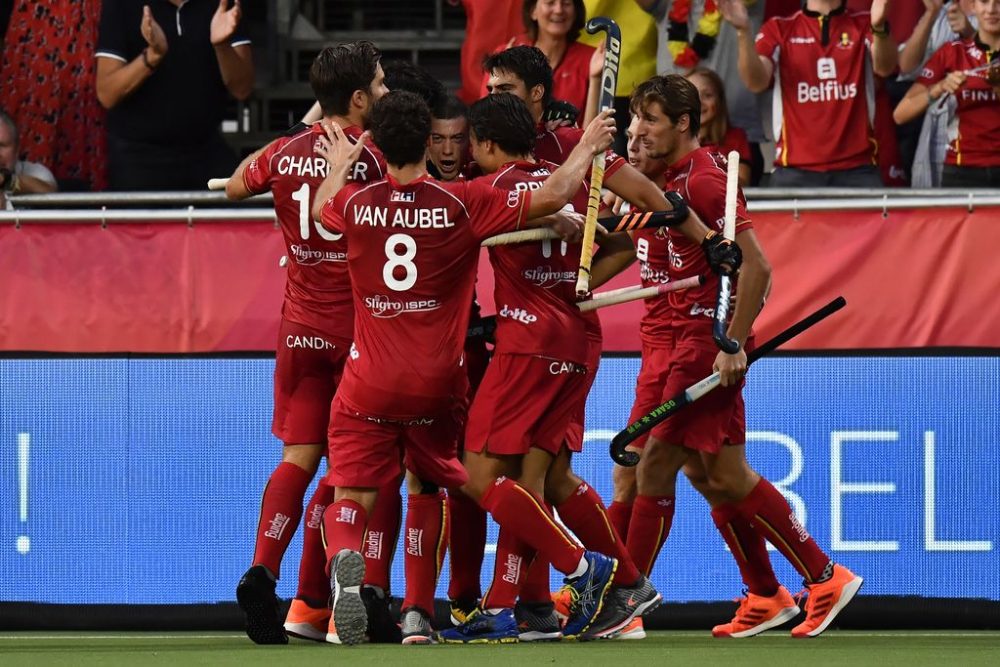 Belgium's players celebrate after scoring during a hockey game between Belgian national team The Red Lions and Spain, the finals of the 'EuroHockey' European Championships, Saturday 24 August 2019 in Wilrijk, Antwerp. BELGA PHOTO DIRK WAEM