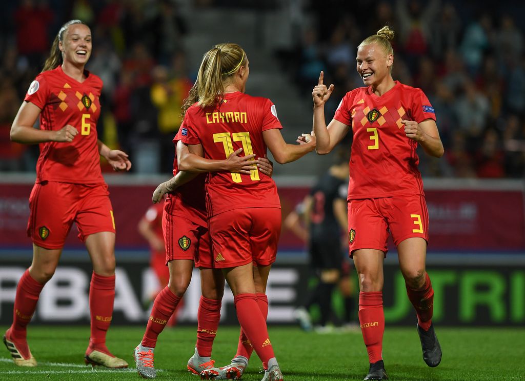 elgium's Janice Cayman '11) celebrates after scoring with Belgium's Ella Van Kerkhoven (R) at a soccer game between Belgium's Red Flames and Croatia, Tuesday 03 September 2019 in Leuven, the first out of 8 qualification games for the women's Euro 2021 European Championships. BELGA PHOTO DAVID CATRY