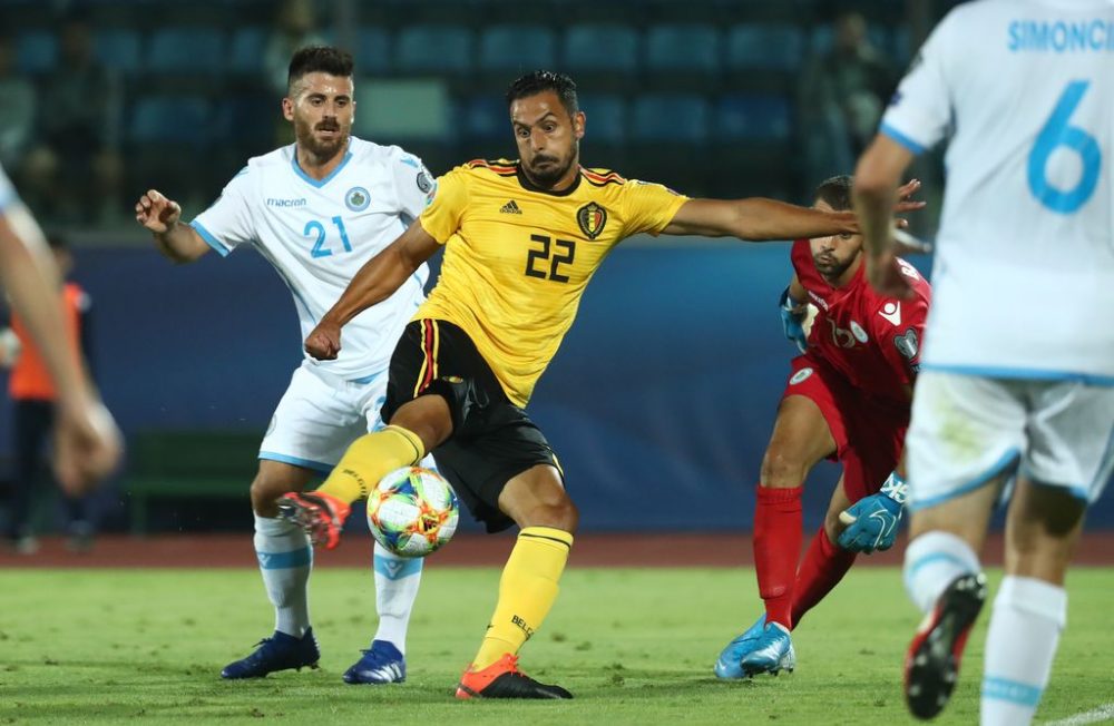 Belgium's Nacer Chadli scores the 0-3 goal during a game between San Marino and the Red Devils, Belgian national soccer team, a Euro 2020 qualifier, at the Stadio Olimpico of San Marino, in Serravalle, San Marino, Friday 06 September 2019. BELGA PHOTO VIRGINIE LEFOUR