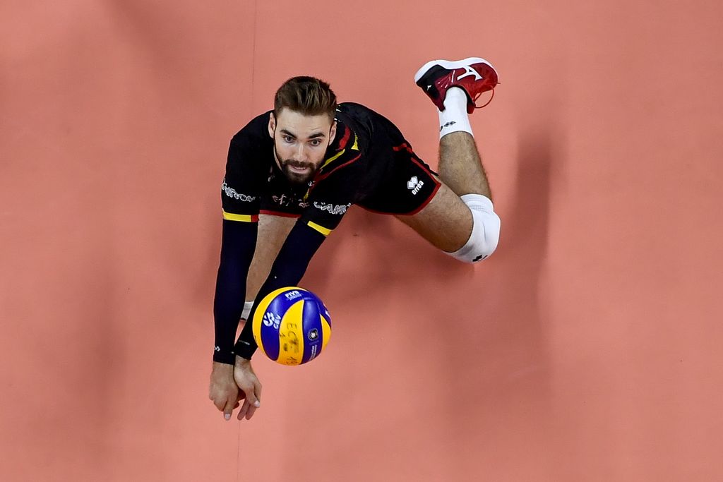 Belgium's Lowie Stuer pictured in action during the fifth and last game in the group B, between the Red Dragons, Belgian national volleyball team, and Serbia, at the European volleyball championships, Wednesday 18 September 2019, in Antwerp. BELGA PHOTO DIRK WAEM