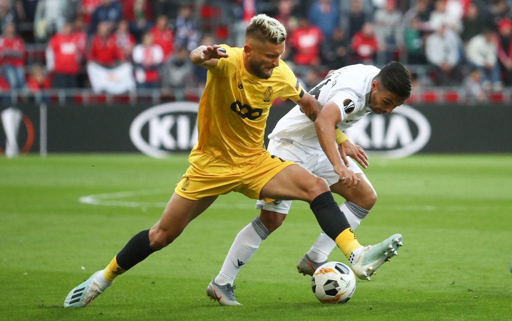 Standard's Nicolas Gavory and Vitoria's Rochinha fight for the ball during a group stage game between Belgian soccer club Standard de Liege and Portuguese team Vitoria SC, on the first day of the group stage of the UEFA Europa League, in the group F, Thursday 19 September 2019 in Liege. BELGA PHOTO VIRGINIE LEFOUR