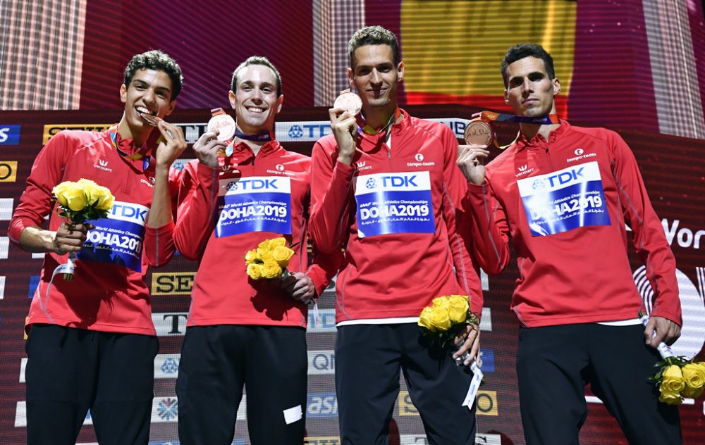 Die Belgian Tornados: Jonathan Sacoor, Robin Vanderbemden, Dylan und Kevin Borlée (Bild: Dirk Waem/Belga)