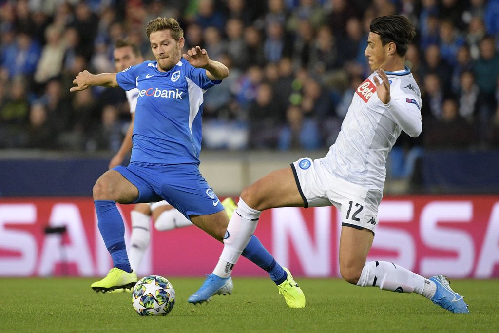 Genk's Patrik Hrosovsky and Napoli's Eljif Elmas fight for the ball during the match between Belgian soccer team RC Genk and Italian club SSC Napoli, Wednesday 02 October 2019 in Genk, on the second day (out of 6) of the group stage of the UEFA Champions League. BELGA PHOTO YORICK JANSENS