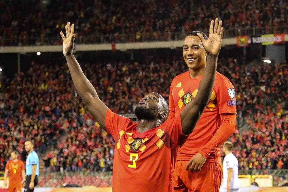 Belgium's Romelu Lukaku celebrates after scoring the 1-0 goal, its fiftieth goal with the national team during a soccer game between Belgian national team the Red Devils and San Marino, Thursday 10 October 2019 in Brussels, match 7/10 in the qualifications for the UEFA Euro 2020 tournament. BELGA PHOTO BRUNO FAHY