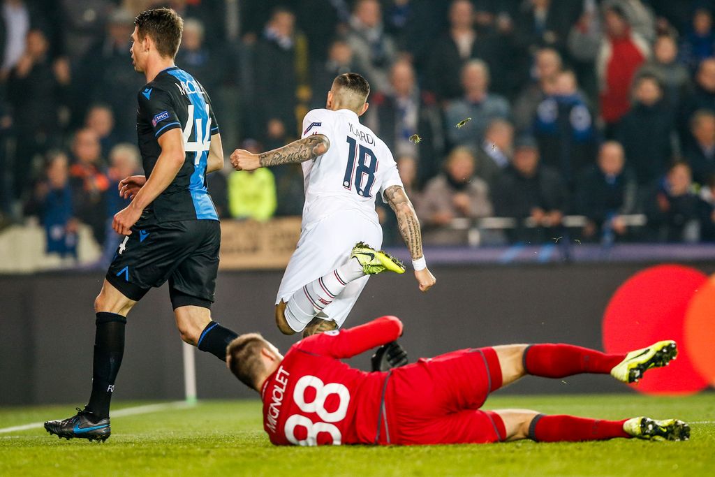 PSG's Mauro Icardi just scored the 0-1 goal during a soccer game between Belgian team Club Brugge KSV and French club Paris Saint-Germain, Tuesday 22 October 2019 in Brugge, match 3/6 in the group stage of the UEFA Champions League, in Group A. BELGA PHOTO BRUNO FAHY