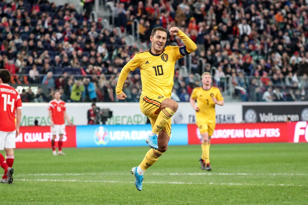 Belgium's Eden Hazard celebrates after scoring the 0-2 goal during the match of the Belgian national soccer team the Red Devils against Russia, Saturday 16 November 2019, in Saint-Petersburg, Russia, a qualification game for the Euro2020 tournament. BELGA PHOTO BRUNO FAHY